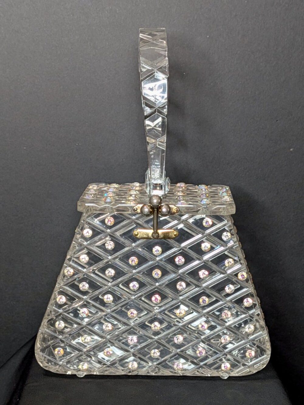 Unbelievable CHARLES KAHN Clear Lattice Rhinestone 1950s Lucite Purse, Good Cond - Picture 3 of 15